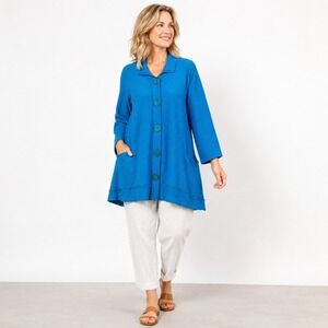 Habitat Blue Ribbed Cotton Button Front‎ Tunic Top Womens M Lagenlook Pockets